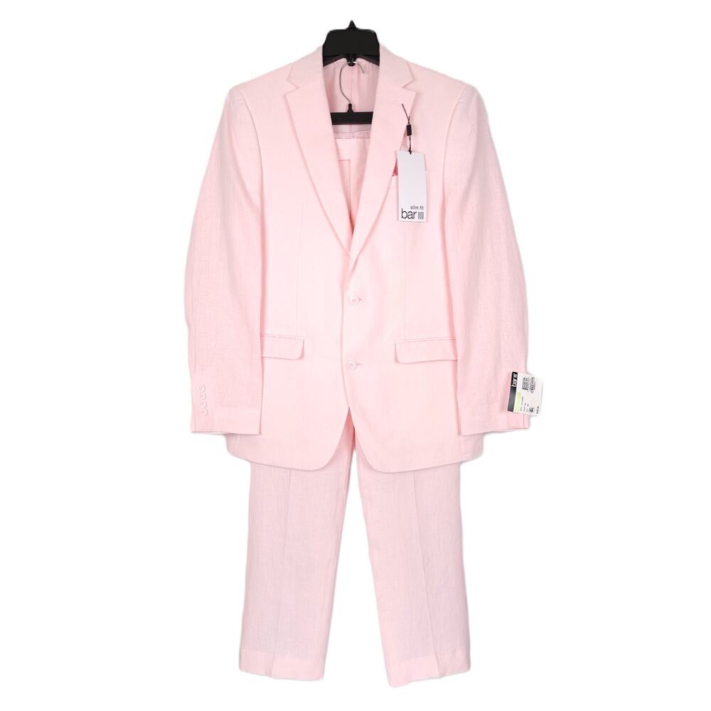 Bar III Mens Slim Fit 2 Piece Linen Suit 38L 30x32 Light Pink Solid NWT